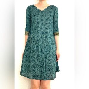 Vintage blue floral print gold trim cotton shift dress size xs